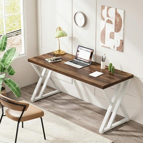Image of Tribesigns Modern Walnut /White 55 inch Heavy Duty Computer Desk, Study & Work Desk, 23.6 inchD x 55.1 inchW x 29.5 inchH, Z-Shaped Metal Legs, 330 lbs Capacity