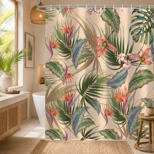 PAOPOED Tropical Shower Curtain, Colourful Leaves Floral Palm Leaf Hawaiian Botanical Plant Bathroom Decor, Waterproof Cloth Fabric Bath Curtain with Hooks 60 x 72 inch