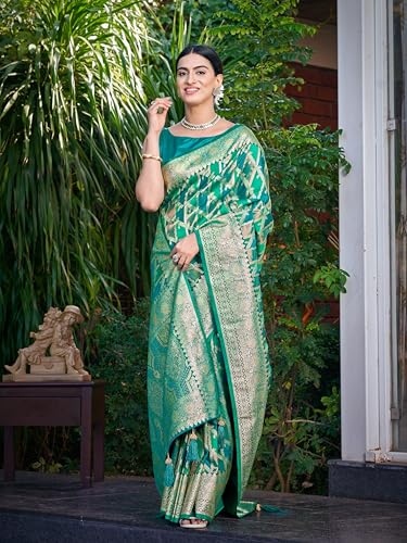 Image of MANOHARI Women's Trendy Banarasi Satin Silk Woven Saree with Heavy Jacquard Work, Elegant Design with Matching Lace Border Unstitched Blouse Piece for Weddings & Festive Occasions