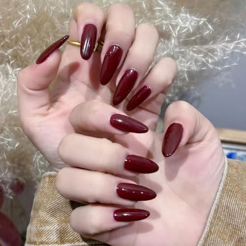 LunarCharm Lot de 30 ongles press-on rouge vin, faux ongles courts en forme d'amande, kit d'ongles réutilisable avec colle à ongles, bandes adhésives et lime à ongles, Rouge – vue 6