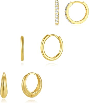 SNZM S925 Earrings Set for Women, S925 Sterling Silver Dainty Huggie Hoop Earrings, 3 Pairs Hypoallergenic Earrings Trendy Small Gold Earring Stacks Multiple Piercing,Start Earrings Set