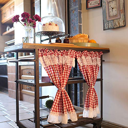 Yibcn Rote Gingham Kurze Vorhänge Für Cafe, Küchenvorhänge, Kleiner Spitzen Halbfenstervorhang, Vintage Volant Panel Vorhänge, Stangentasche, 2 Stück (115x60cm) Cover