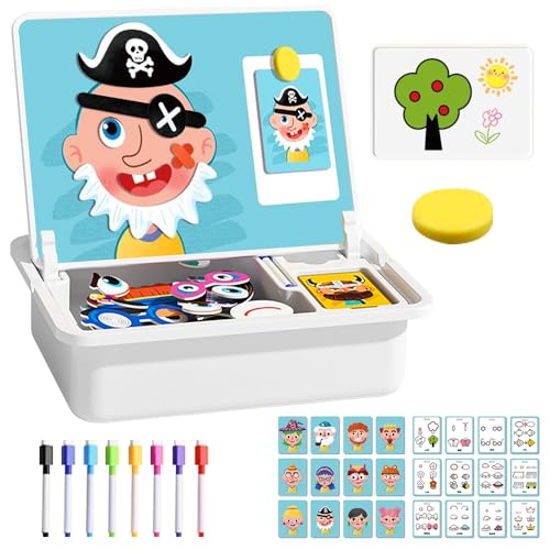 Magnetspiel, 3 In 1 Magnetische Puzzle für Kinder, Pädagogisches Magnetgeschenk Montessori Spielzeug mit Tafel 8 Pinsel 12 Karten Magnetisches Lernspiel Reisespiel ab 3 Jahre für Unterwegs (Gesicht)