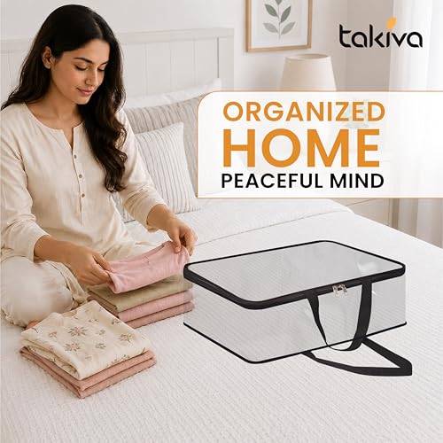Image of TAKIVA Transparent Multipurpose Storage Bag | Saree Cover Bag with Zip for Storing Clothes, Suits, Undergarments, wedding packing | Wardrobe organising (Medium, Pack of 2)