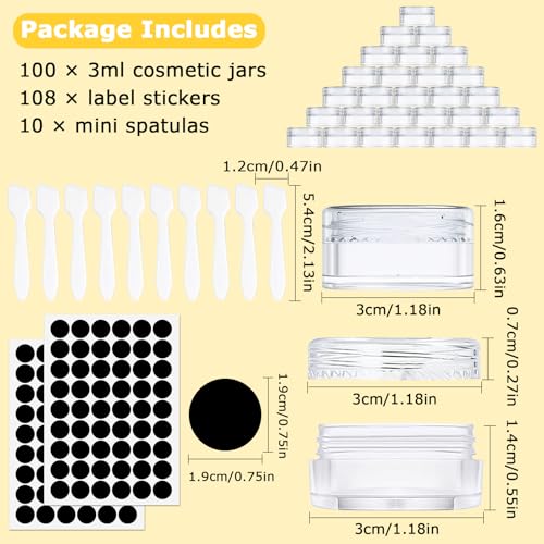 UZSUZZ 100 Pcs Cosmetic Sample Containers, 3ml/3g Empty Plastic Cosmetic Jars with Clear Lids, Mini Sample Pots for Cosmetics With Spatulas Labels, Travel Pots for Cream, Lip, Sample, Make-Up Storage