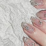 30PCS French Coffin Press-on Nails - Short Fake Nails with Flash Design, Nude Pink Rhinestone, False Nails Full Cover Glossy Glue-on for Women's Stick-on Manicure