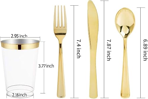 I00000 150PCS Gold plastic dinnerware set,White Gold Square Plates, Disposable Square Gold Plates Includes 25 Dinner Plates 25Dessert Plates 25Cups 25Plastic Cutlery for Christmas Party - Thumbnail 5
