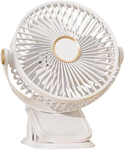 Portable USB Rechargeable Clip-On Fan – 3-Speed Personal Cooling Fan for Baby Prams, Strollers, Travel, Office & Home, White with Gold Accents