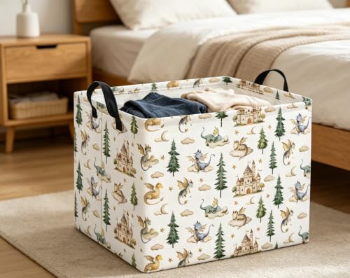 Image of Rectangular Baby Kids Storage Basket for Home Kitchen Girls Cute Toy Storage Bin Organizer Shelf Book Room Decor(Castle Dinosaur)