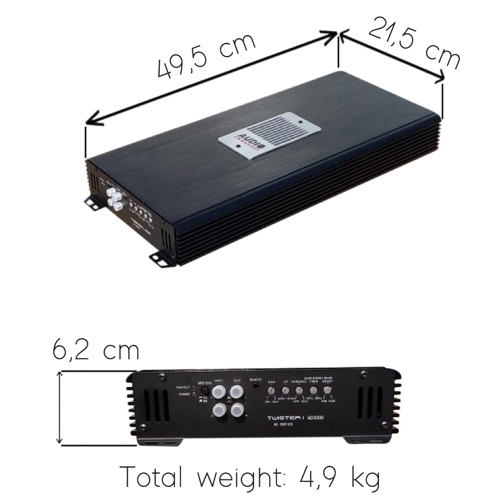 XPL Amplificatore AD3000 1 Canale 3000 Watt RMS Stabile a 1 Ohm Specifico per Subwoofer Classe D con Controllo Remoto Incluso e Filtro Subsonico