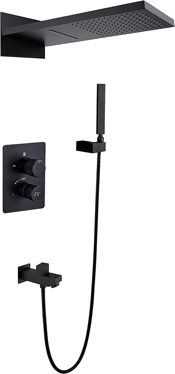 Aycdl Black Shower System Digital Display Shower Faucet Set Matt Concealed Shower Mixer Set With Brass Hand Shower And Waterfall Rainfall Shower Head