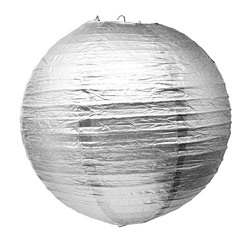 Image of Mudra Crafts 12 Inch Round Chinese Silver Paper Lanterns Hanging Decor | 10 PCs, Reusable, Indoor Outdoor Decorative Lamp Shade, for Ceiling, Wedding, Shower, Party, Festival, Home Decoration