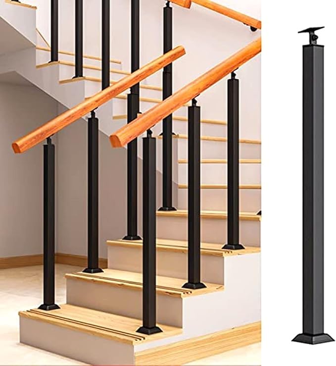 Poteau de balustre en métal noir mat avec broches géométriques carrées et platine articulée