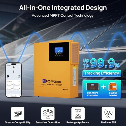 Image of ECO-WORTHY 4.68KWH Solar Power Complete Kit 1200W 48V with Lithium Battery and Inverter for Home: 6pcs 195W N-Type Bifacial Solar Panels + 1pc 48V 50Ah Li-Battery + 3500W Solar Charger Inverter
