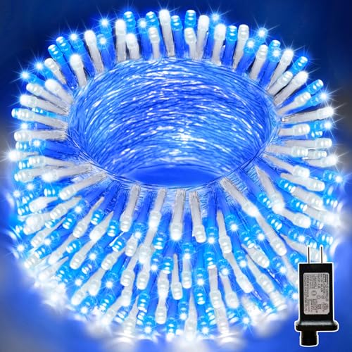 33FT 100 LED Blue White String Lights 16 Modes Plug In Mini Fairy Lights Waterproof Outdoor Christmas Lights for Hanukkah July 4th Patriotic Decor Xmas Tree Garland Bedroom Ocean Party Decoration