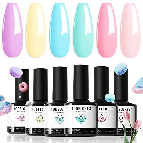 Modelones Gel Nail Polish Set 6 Colors Pastel Gel Polish Pink Blue Purple Yellow Green Nail Polish Summer Nail Varnish Kit Soak Off Nail Art Manicure DIY Salon for Women