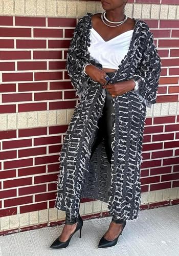Kwunbwa Women\'s Oversized Ripped Denim Long Cardigan Distressed Hollow Open Front Kimono Robe Duster Jean Jacket Coat