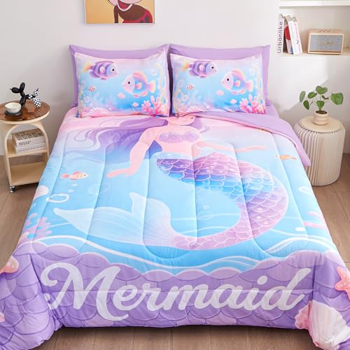 Image of 5 Pieces Twin Comforter Set for Girls, Mermaid Twin Bedding Set, Ultra Soft and Fluffy, Ocean Fish Tail Bed in a Bag for Kids Teens
