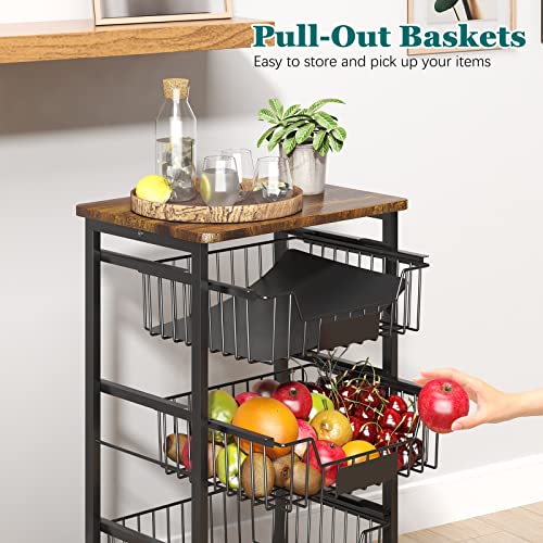 Chloryard 4-Tier Vegetable Fruit Basket Kitchen Storage Rolling Cart On Wheels With Pull-Out Baskets And Wood Top For Kitchen Diningroom Pantry #TOP3