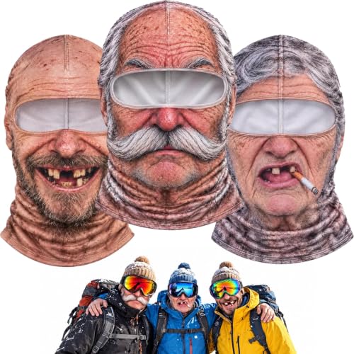 RGGFFILO Cagoule Ski Fun Cagoule Masque De Ski Drôle Visage Réaliste, Masque Hiver Vieux Farceur Humoristique 3D À L’effigie D’Un Vieil Homme, Couverture Totale De La Tête pour Ski, Moto & Fêtes，3Pcs