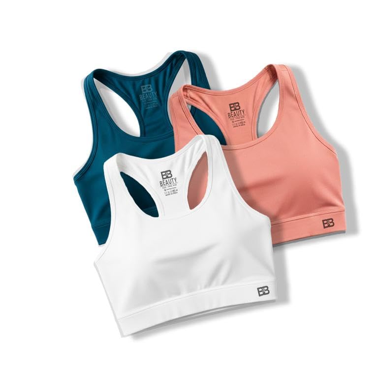 Image of BOLD & BEAUTY Women Cotton Blend Sports Bra with U-Neck, Racerback Style and Regular Straps for Workout, Yoga & Training (Pack of 3)