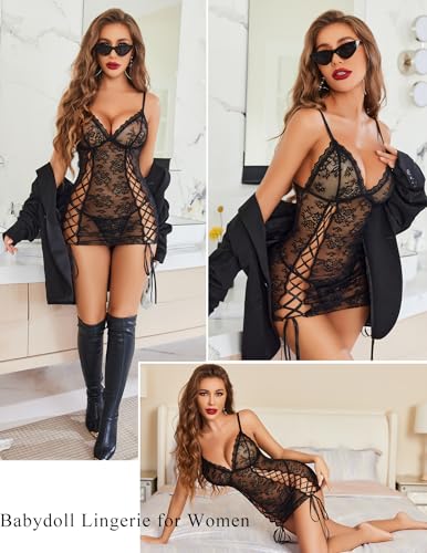Avidlove Lingerie for Women Sexy Lace Up V Neck Babydoll Floral Sleepwear Strap Boudoir Outfit4