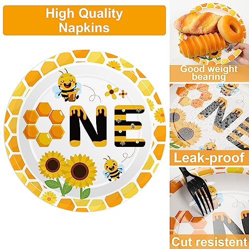 Image of Qyeahkj 100 Pcs Bee 1st Birthday Party Supplies Paper Plates and Napkins Set Disposable Bee First Birthday Tableware Decorations for Bees Theme Baby Shower Serves 25