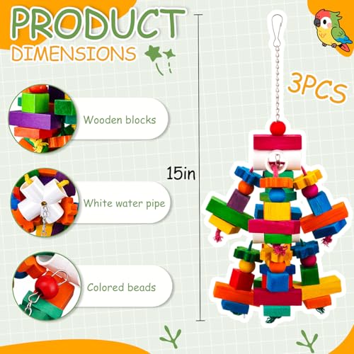 Seenelling 3 Pcs Large Parrot Toys 17.8\" Colorful Chewing Toy with Natural Wood Blocks for African Greys, Cockatoos, Parrots, Macaws, Medium Birds Cage Toy Accessories