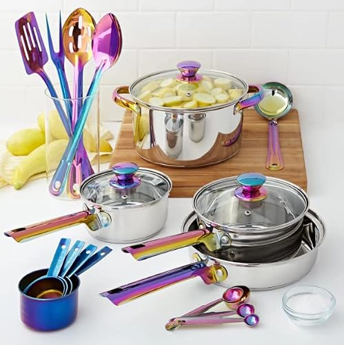 20-Pieces Rainbow-Hued Iridescent Stainless Steel Cookware Set With With Kitchen Utensils And Tools, Pans & Pots, Non Toxic, Bp Free, Oven Safe & Compatible All Stovetops #TOP1