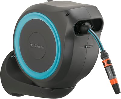 GARDENA 18600-80, 50 Foot Wall-Mounted Retractable Hose Reel, Automatoc Retraction for Easy Watering, Made in Europe.