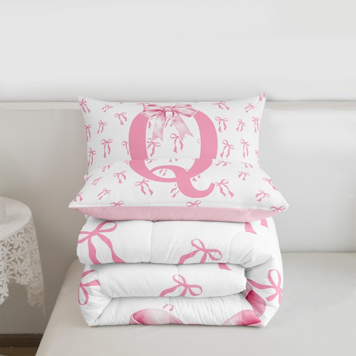 Erosebridal Romantic Pink Bowknot Comforter Set Twin Ribbon Initial A-Z Letter Bedding Set Dreamy Bows Down Comforter Modern Simple Pink White Bow Knot Duvet Insert