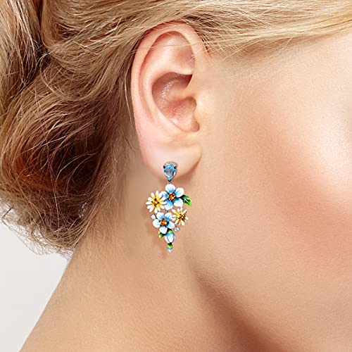 Santuzza 925 Sterling Silver Enamel Flower Earrings Blue Spinel Cubic Zirconia Flower Bunch Floral Dangle Pierce Earrings For Women #TOP3