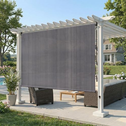 VOXBIN Custom Size 75" W×96" H Outdoor Cordless Roller Shade with Spliced Design, 220GSM Roll Up Blinds Shade for Patio, Yard, Deck and Porch, Grey