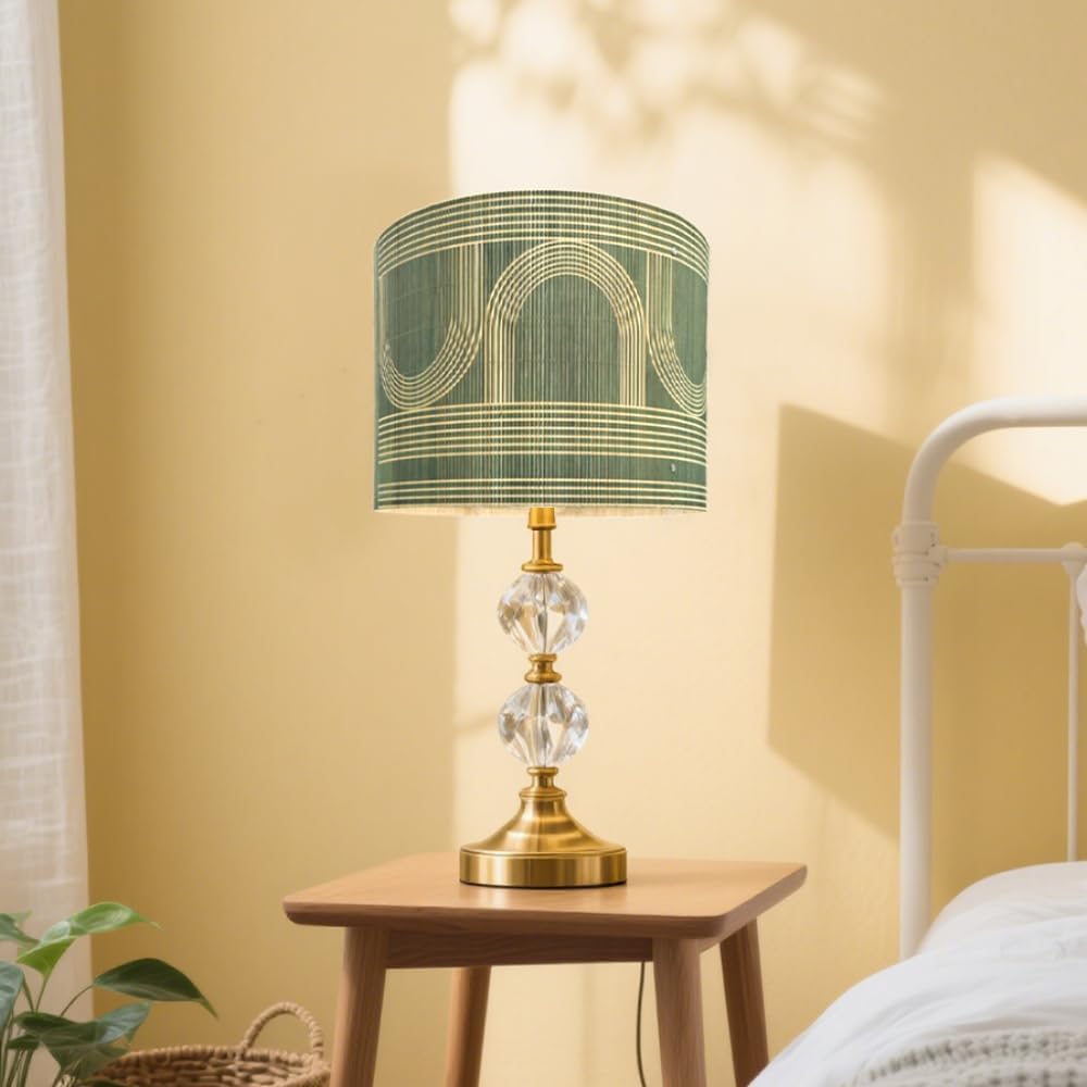 Rustic lamp Shade Bamboo with Decorative Green Geometric Figure Drum lamp shade for table lamps and floor lamps Ideal for Living Room Bedroom Groovy Easy Assemble Size 11.8 * 9.05Inch (Art Deco A)