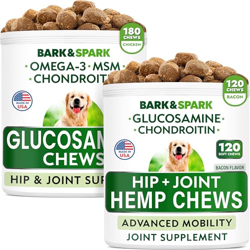 "Hemp Treats + Glucosamine Dog Chews Bundle - Natural Joint Pain Relief Supplement - Hemp Oil, Chondroitin w/MSM, Omega 3 - Advanced Hip & Joint Support Formula - 120 + 180 Chews - Made in USA