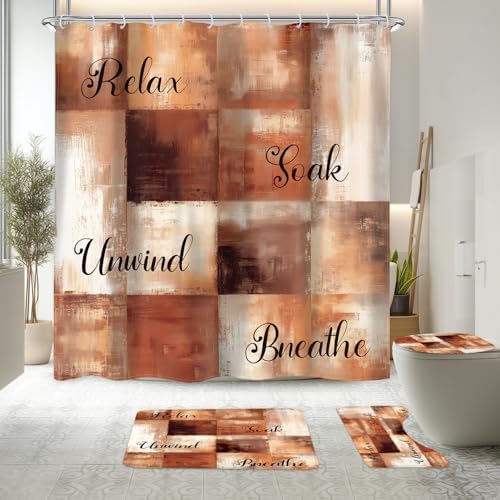 KOMLLEX 4Pcs Orange Grey Abstract Shower Curtain Sets, Bath Mat a...