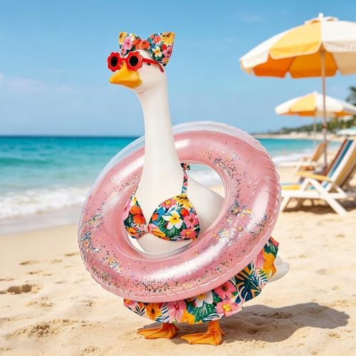 Ciyufavo 23 in Porch Goose Summer Outfit Bikini, Hawaiian Porch Goose Swimsuit Clothes Costume Accessories with Bow Glasses Swim Ring for 23" Summer Goose Garden Patio Statue Decor (Flower) — view 6