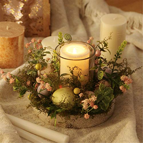 Darkduke Candle Holder Decorations Easter Candle Holder with Pastel Eggs and Mixed Flowers Candlestick with Glass Screen Cover Spring Candle Holder Candlestick Centrepiece Table Top Decoration