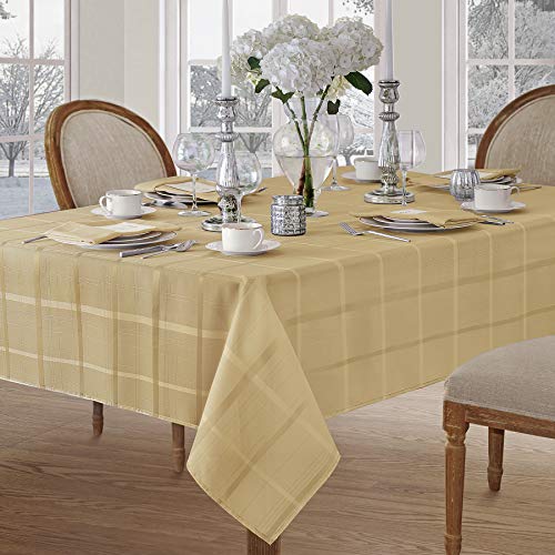 Newbridge Elegance Plaid Christmas Fabric Tablecloth, 100% Polyester, No Iron, Soil Resistant Holiday Tablecloth,60 Inch X 144 Inch Oblong/Rectangle, Ribbon Gold #TOP7