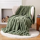 Battilo Faux Fur Throw Blanket, Cozy Warm Plush Striped Rabbit Fur Blanket for Couch and Bed, Super Soft Fuzzy Sage Green Blanket for Living Room Bedroom, Home Decor & Gifts, 50'x60'