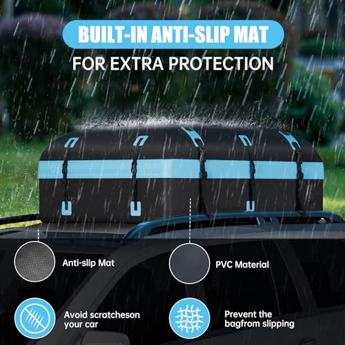 Car Rooftop Cargo Carrier Bag, 30 Cubic Feet Waterproof Soft-Shell Car Roof Bag for All Vehicle with/Without Roof Rack, Include Anti-Slip Mat, Reinforced Straps, Door Hooks and Luggage Lock, Blue - Thumbnail 2