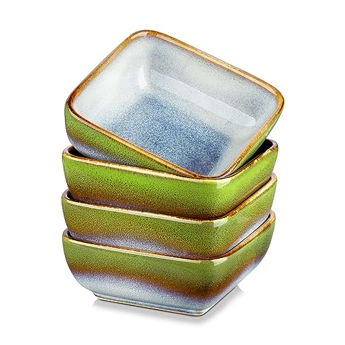 Image of vancasso Stern Grass Green 4-Piece Saucer Dish Set, Reactive Glaze Dipping Snack Bowl, Ceramic Small Serving Dish/Condiment Dish/Bowl/Sushi Soy Dish, Square. (9.5x9.5x3.8cm)