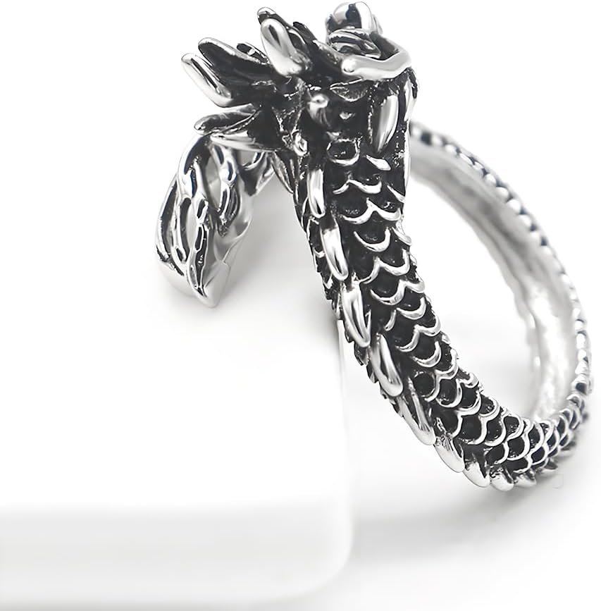 925 Sterling Silver Two-Tone Blackened Dragon Ring One Size | Adjustable Open Ends Ring, for Men & Women
