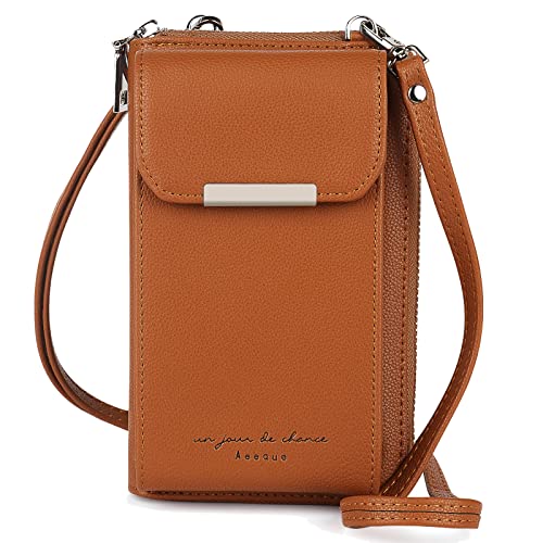 Aeeque Handytasche zum Umhängen Handlich, Handytasche mit Geldbörse zum Umhängen Damen,PU Leder Handy Umhängetasche Silber Reißverschluss, Geldbeutel mit Handyfach für Handy unter 6,5 Zoll - Braun