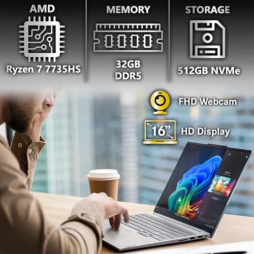 Image of Lenovo ThinkBook 16 G7 Business Laptop, 16 inch FHD+, AMD Ryzen 7 7735HS, 32GB DDR5, 512GB NVMe, WiFi 6E + BT, Backlit KB, Fingerprint Reader, HD Webcam, Win 11 Pro