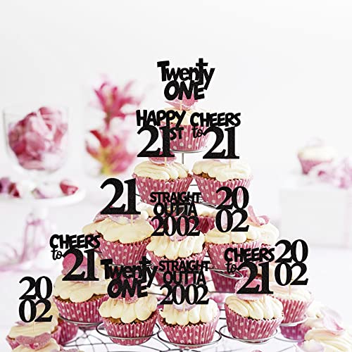 Rsstarxi 24 Pack Straight Outta 2002 Cupcake Toppers 21St Birthday Cupcake Picks Twenty One Cheers To 21 Years Old Cupcake Topper For 21St Birthday Wedding Party Cake Decorations Supplies Black #TOP22