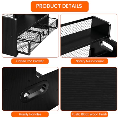 Image of Homode Coffee Syrup Organizer Rack, 3-Tier Syrup Holder Stand with 35 K Cup Storage Drawer, 8 Bottles Capacity, Wood Shelf Liquor Wine Rack for Coffee Bar Countertop, Black