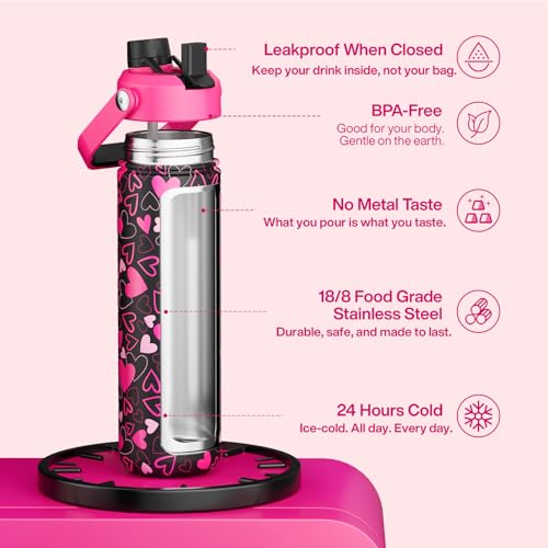 Image of ENCOOL Insulated Water Bottle with Straw Stainless Steel Water Bottle, Leak-Proof, BPA-Free, Keeps Cold for 24 Hours for Sports, Travel, School (26 oz, Sweet Hearts Pink x Black)