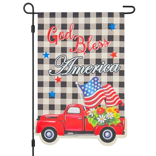 Vigor Home God Bless America Patriotic Red Truck Garden Flag Double Sided 12×18 Inch,Memorial Day Independence Day Veterans Day Buffalo Plaid Small Vertical Yard Flags Outdoor Lawn Porch Decoration