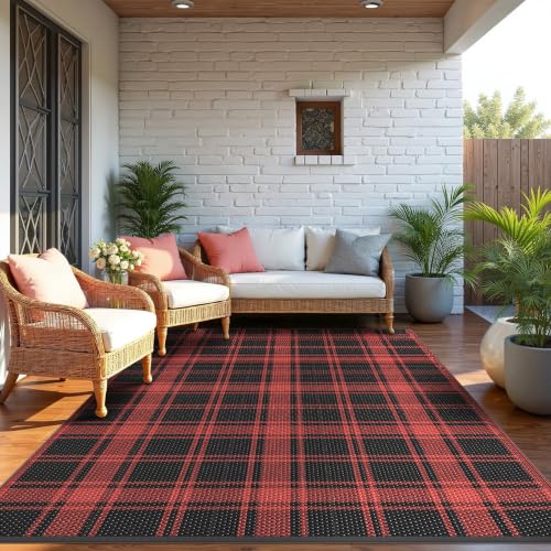 GENIMO Christmas Outdoor Rug, 6'X9' Plastic Rugs for Patio, Black Red | Waterproof Plaid Outside Large Carpet Mat for Porch Decor, Deck, Balcony, Camping, RV, Backyard, Picnic, Beach, Reversible